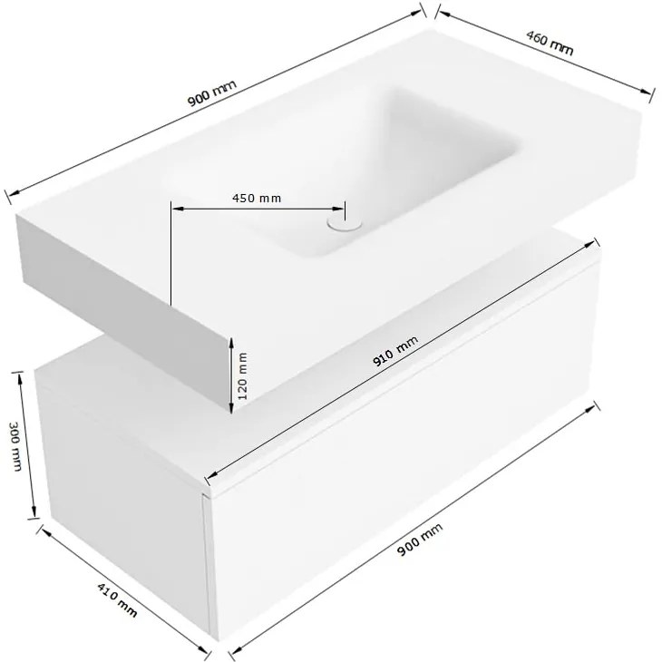 Zaro Alan badmeubel 90cm urban 1 lade met vrijhangende wastafel cloud midden 1 kraangat talc