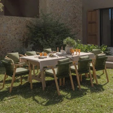 Set Van Rechthoekige Tafel 200-260-320x100 Cm Uitschuifbaar En 8 Tuinstoelen Met Armleuningen Van Acaciahout Dubai Rustiek Acaciabruin & Stof Leger Gr