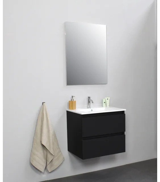 Basic Line Bella Badkamermeubelset - 60x55x46cm - 1 wasbak - Keramiek - Wit - 1 kraangat - Wandspiegel zonder verlichting - Melamine Zwart mat SWGA60MZP1SP