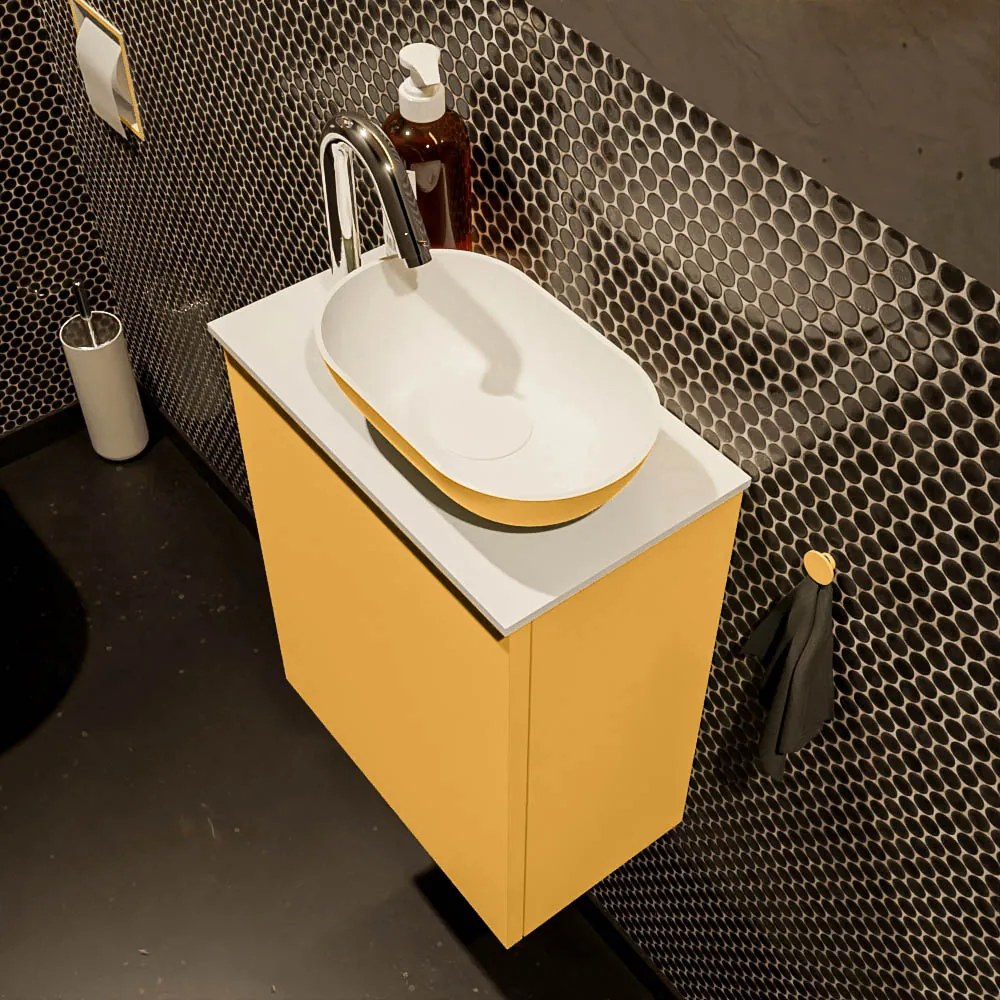 Mondiaz Fowy toiletmeubel 40cm ocher met gele waskom rechts en kraangat