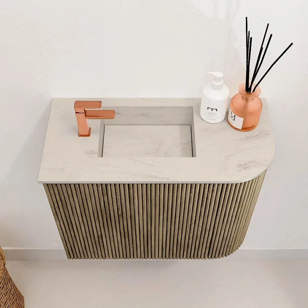 Mondiaz Joya DLux 50cm toiletmeubel ronding rechts dusk met wastafel faye links 1 kraangat opalo
