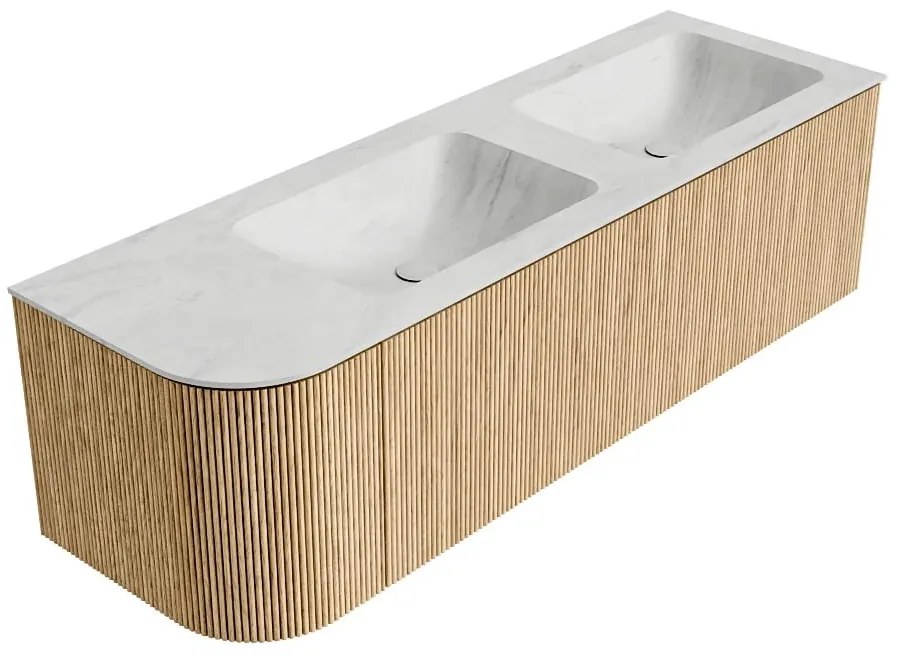Mondiaz Kurve-dlux 145cm badmeubel ronding links oak met 1 lade en deur en wastafel leaf dubbel/rechts 2 kraangaten opalo