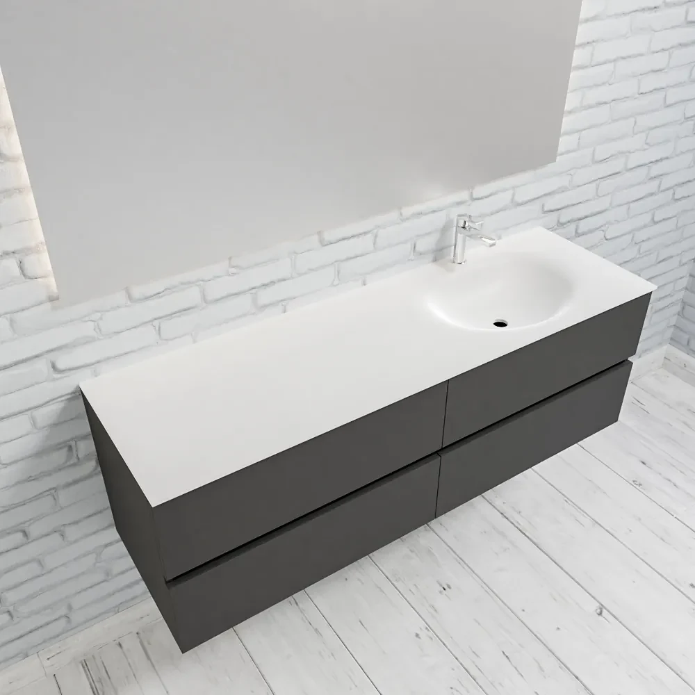 Zaro Sevilla Solid Surface badmeubel 150cm mat antraciet 1 kraangat spoelbak rechts 4 lades