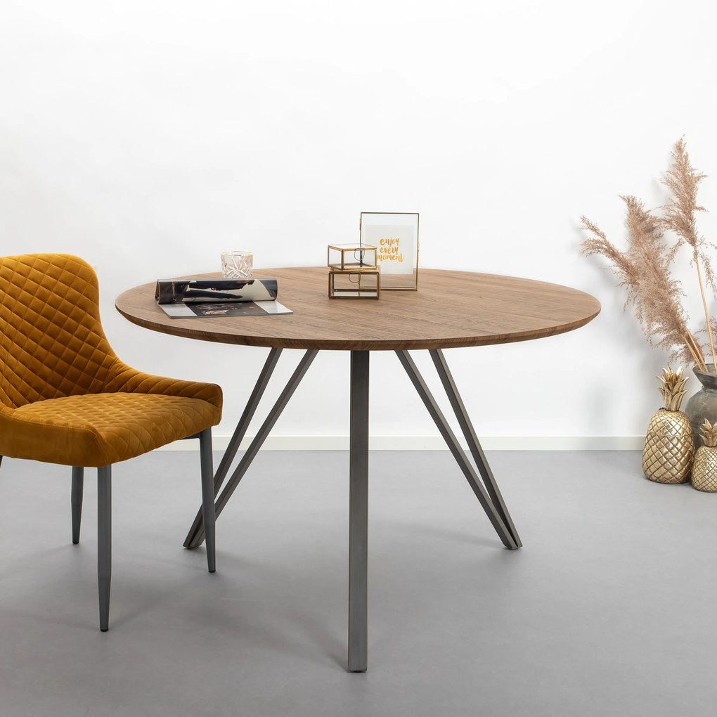 Industriële Ronde Eettafel 'Judy' 120cm, 3D-eikenlook brownwash