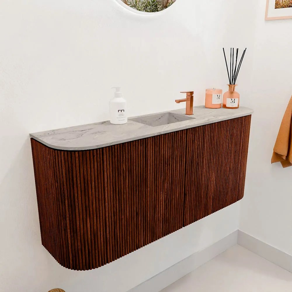 Mondiaz Joya DLux 95cm toiletmeubel ronding links/rechts ruby met wastafel faye midden 1 kraangat glace