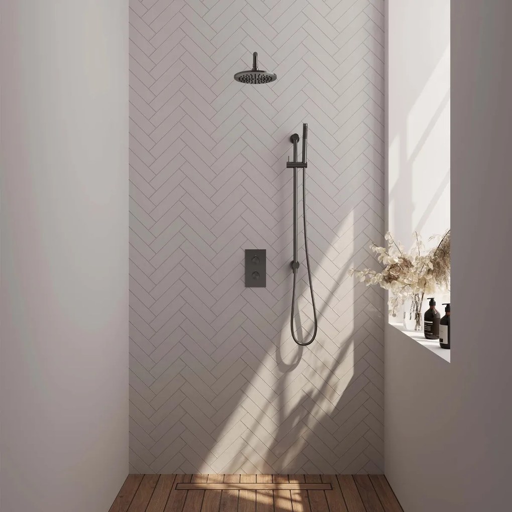 Brauer Gunmetal Edition complete inbouw regendouche met staafhanddouche, gebogen wandarm, glijstang en hoofddouche 20cm set 39 gunmetal geborsteld PVD