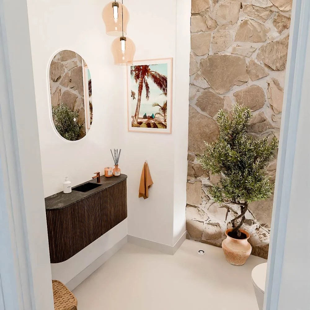 Mondiaz Joya DLux 95cm toiletmeubel ronding links/rechts walnut met wastafel faye midden 1 kraangat lava
