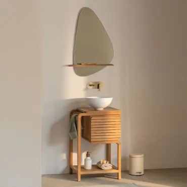 Bradley Teakhouten Badkamermeubelset Rond Wit Keramiek Ø30 Cm Calgari & Onregelmatig Met Houten Plank 55x85 Cm Kai & Geborsteld Goud Inbouw - Sklum