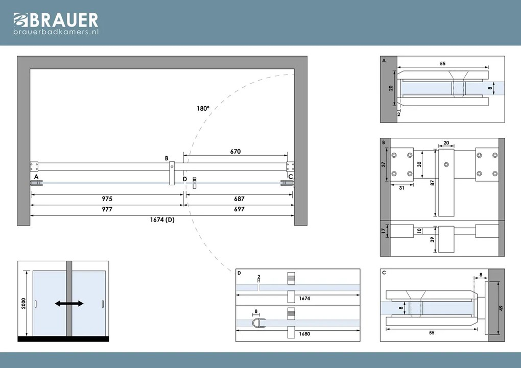 Brauer Void profielloze nisdeur 170cm met draaideur 70cm aan muur chroom