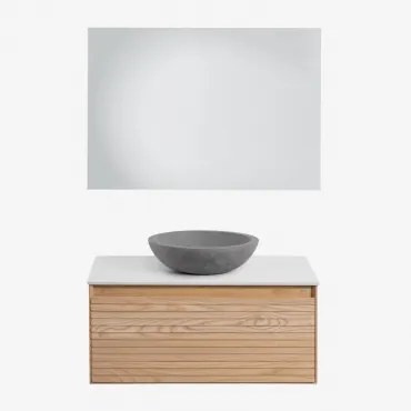 Tedrik Zwevend Badkamermeubelset 80x50 Cm In Essenhout Ash Brown & Rond Grijs Cement Ø40 Cm Tarsis & Rechthoekige Led En Anticondens 100x70 Cm - Sklum