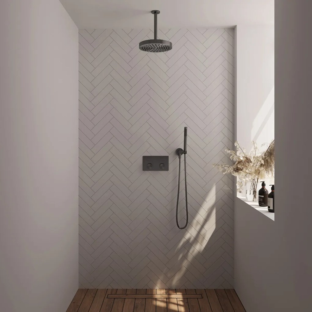 Brauer Stripe inbouw regendouche met 25cm hoofddouche, plafondarm en staafhanddouche set 27 gunmetal geborsteld PVD