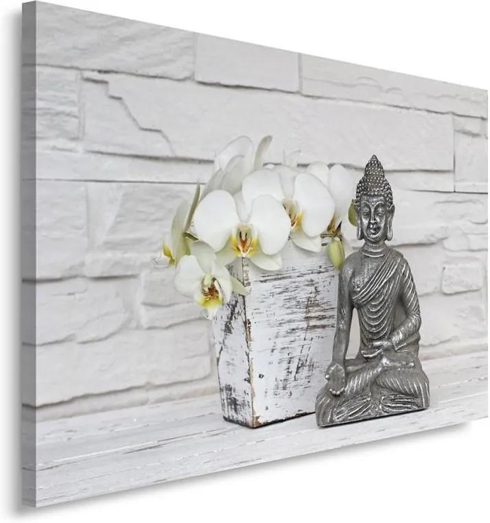 Schilderij - Zilveren Boeddha beeldje en witte orchidee
