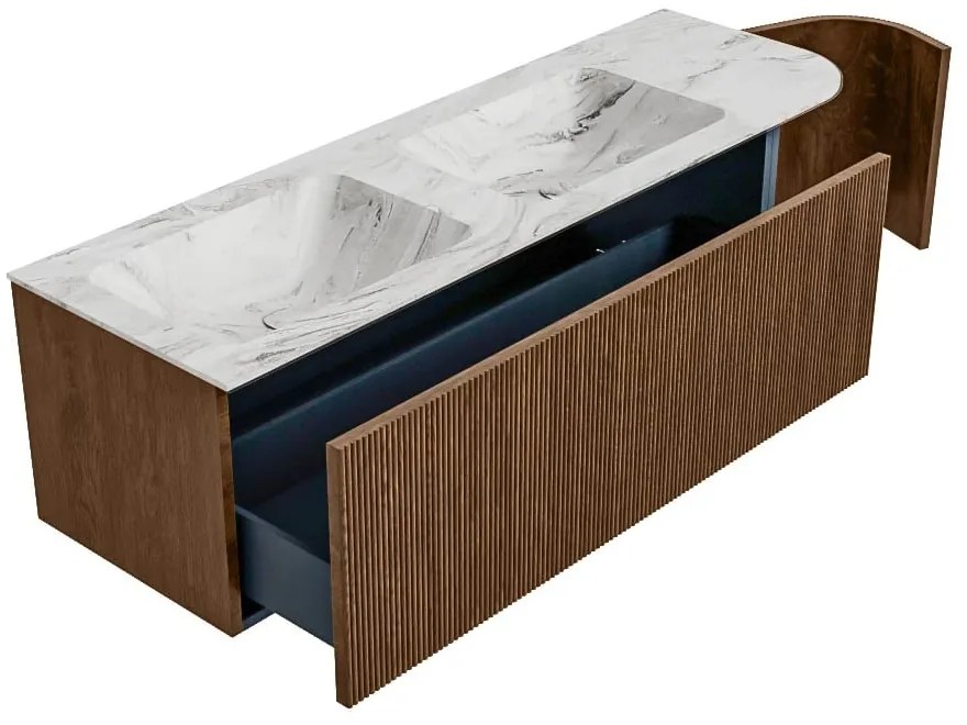 Mondiaz Kurve-dlux 145cm badmeubel ronding rechts walnut met 1 lade en deur en wastafel leaf dubbel/links zonder kraangat glace