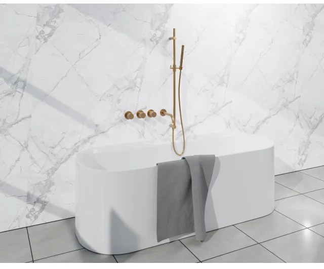 Fortifura Nebbio Badcombinatie-set - thermostaatkraan - glijstang met geïntegreerde wandaansluitbocht - metalen doucheslang - staaf handdouche - uitloop - geborsteld messing PVD (goud) SW1183067 SW1111531 SW706206 SW720570 SW1183076 SW