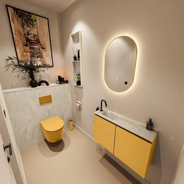 MONDIAZ TURE-DLUX 80cm toiletmeubel Ocher. EDEN wastafel Ostra positie links. Met 1 kraangat. TUREDX80OCHL1OST