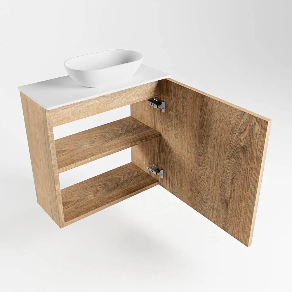 Mondiaz Fowy toiletmeubel 50cm washed oak met witte waskom rechts en kraangat