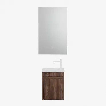 Narek Zwevend Houten Badkamermeubelset Met Geïntegreerde Wastafel Rectangular Led And Antifog 55x90 Cm Riben & Donker Hout & Wit ↑20 Cm Met Aftapkraan