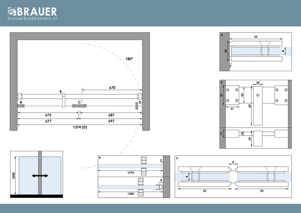 Brauer Void Carving profielloze nisdeur 140cm met draaideur 70cm aan glas gunmetal geborsteld PVD