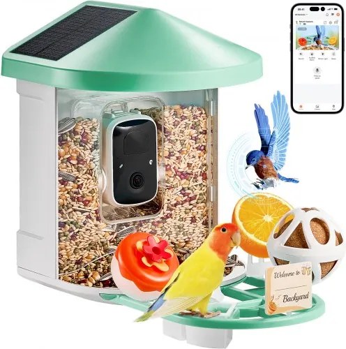VEVOR Slimme Vogelvoeder met Camera, 2K HD AI Identificeert Meer dan 10.000 Vogelsoorten, Zonne-energie Aangedreven Vogelobservatiecamera met Automatische Opname en Directe Melding, Draadloos Buitencadeau voor Vogelliefhebbers (3 Zonnepanelen)