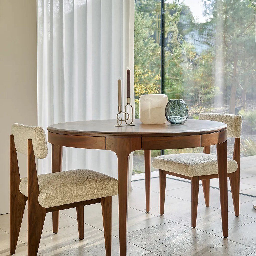 Uitschuifbare ronde tafel, in notenhout, Sanara