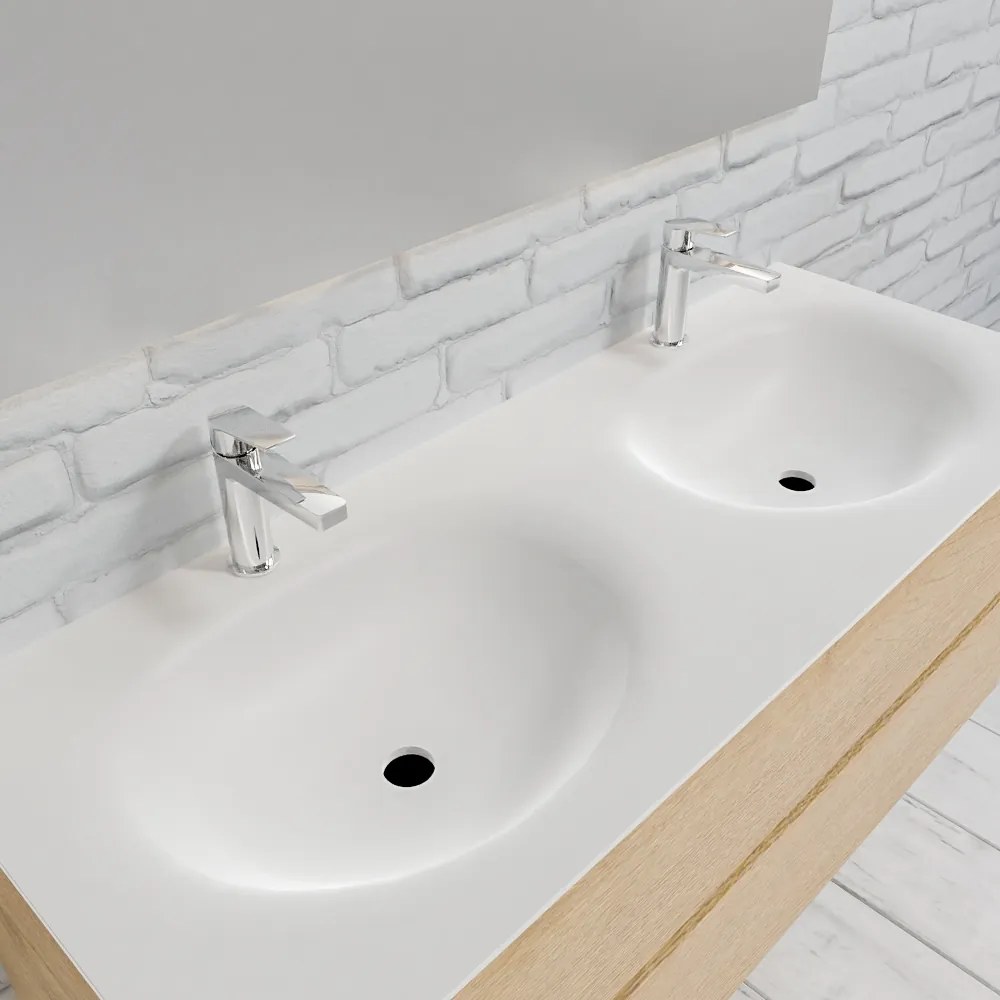 Zaro Sevilla Solid Surface badmeubel 120cm licht eiken 2 kraangaten dubbele spoelbak met 2 lades