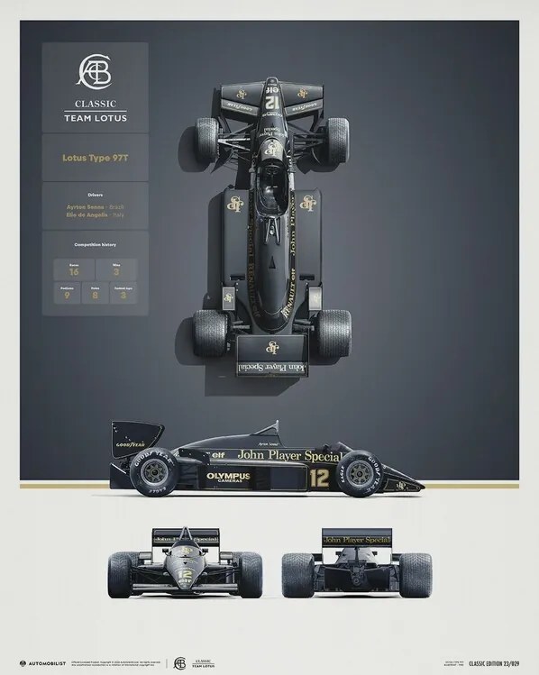 Kunstdruk Team Lotus - Type 97T - Blueprint - 1985, Automobilist