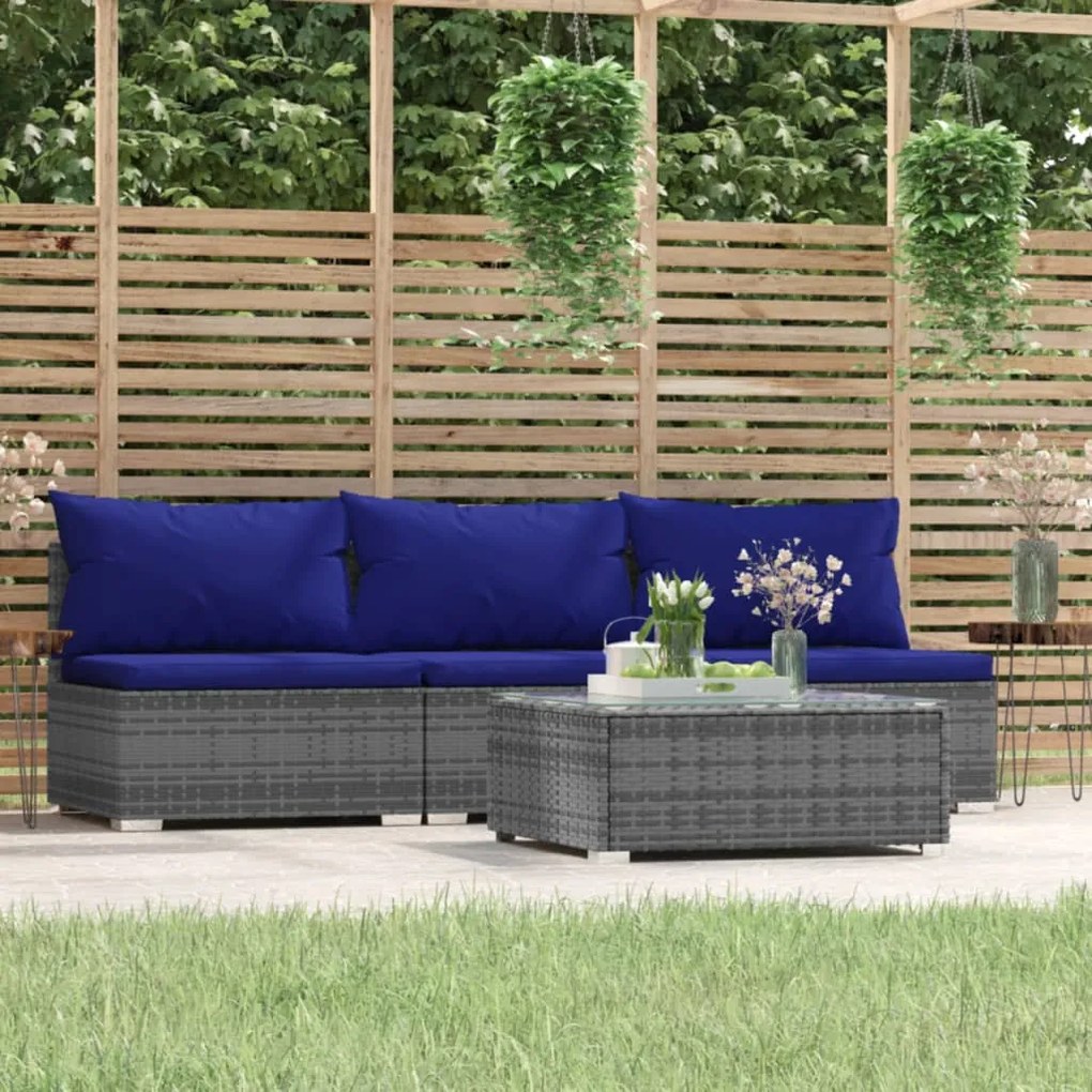 vidaXL 4-delige Loungeset met kussens poly rattan grijs