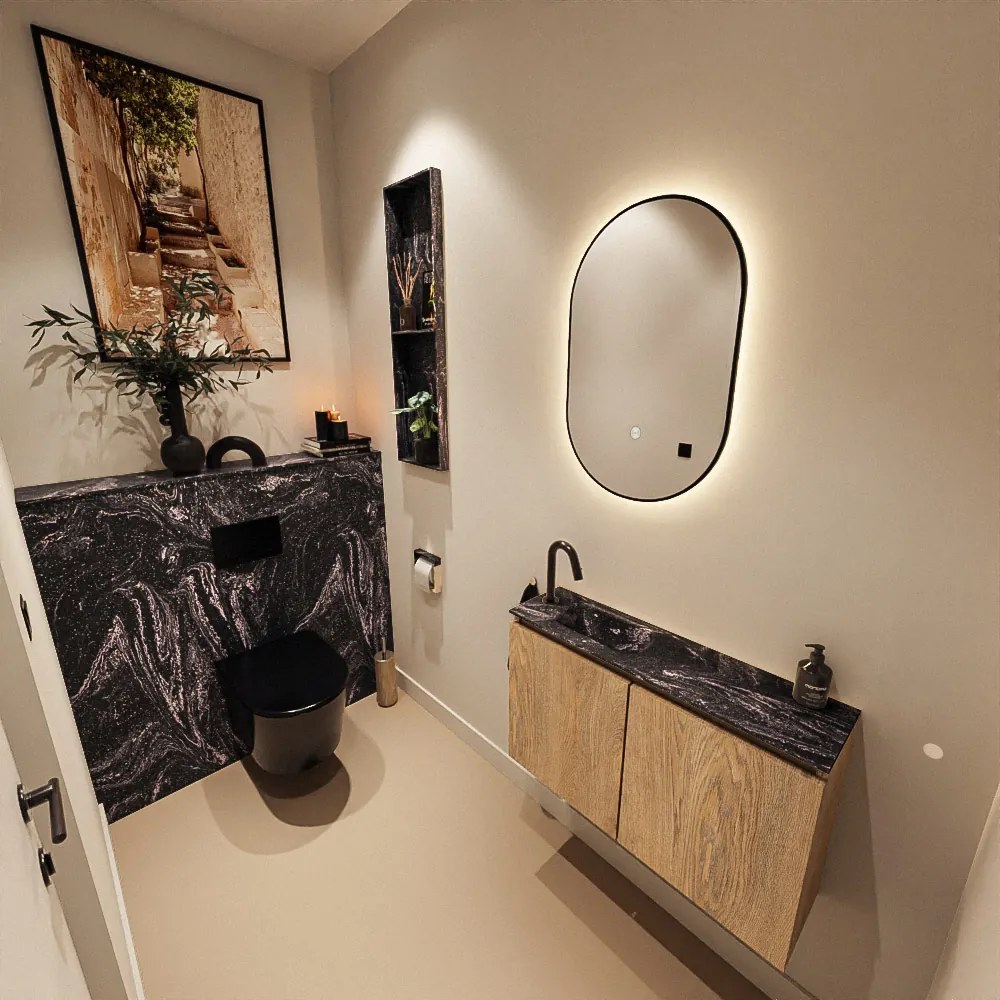 Mondiaz Ture DLux toiletmeubel 80cm washed oak met wastafel lava links met kraangat