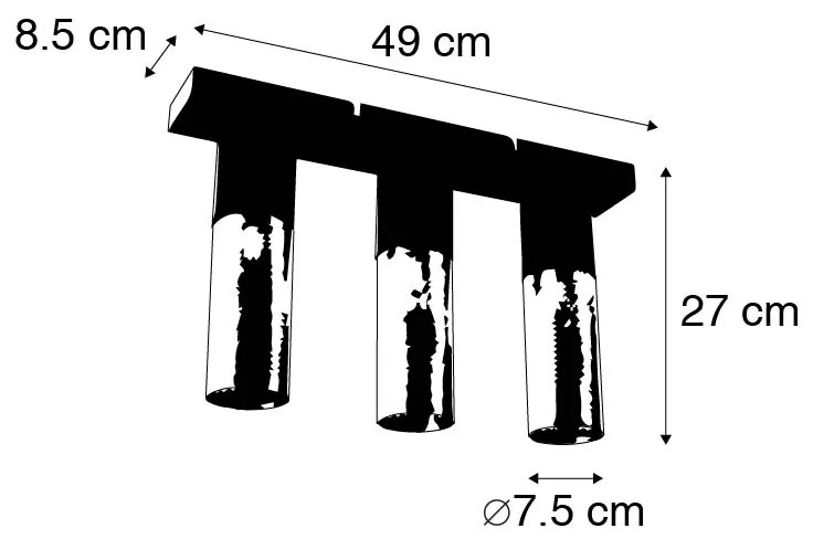Industriële plafondlamp zwart met goud langwerpig 3-lichts - Raspi Industriele / Industrie / Industrial E27 rond Binnenverlichting Lamp