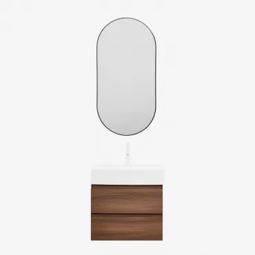 Ona Zwevend Badkamermeubelset Van Hout En Essenfineer Met Geïntegreerde Wastafel Wit ↑20 Cm Met Aftapkraan Zonder Overloop Orveta & Donker Hout & Oval