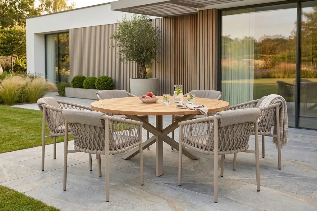 4 Seasons Outdoor Allora tuinset latte met Prado tafel met teak blad Ø 160 cm SALE Tuinset   beige weerbestendig
