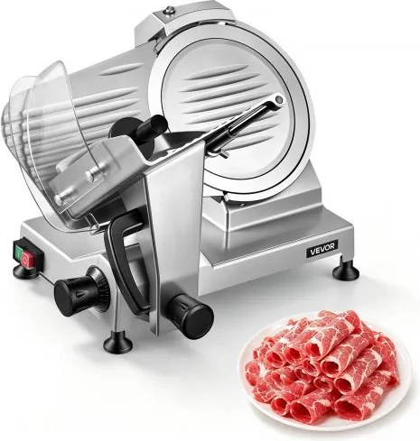 VEVOR elektrische vleessnijmachine met 250 mm mes, 240 W, universele vleessnijmachine met geïntegreerde slijper en instelbare snijdikte van 0-12 mm, voor bevroren vlees en ham.