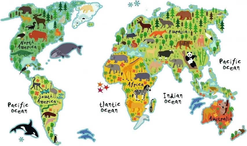 Muursticker wereldkaart met dieren 94 x 67 cm