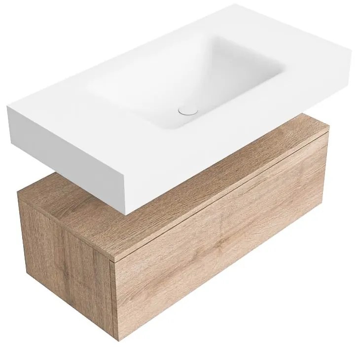Zaro Alan badmeubel 90cm washed oak 1 lade met vrijhangende wastafel cloud midden 1 kraangat talc