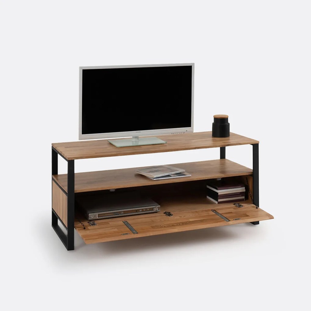 Tv-meubel, massief eiken, eikenfineer en staalmetaal, Hiba