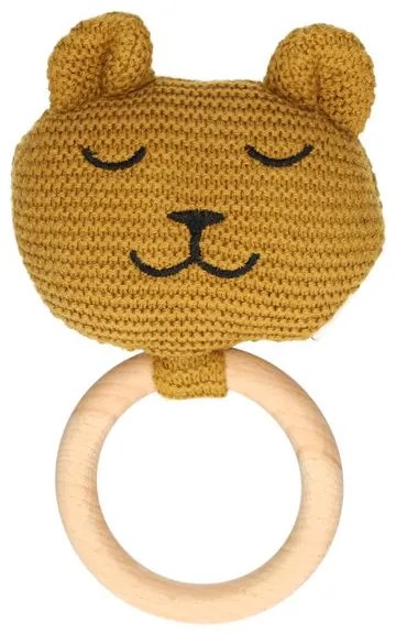 Knuffelkopje aan houten ring, GOTS katoen, beer