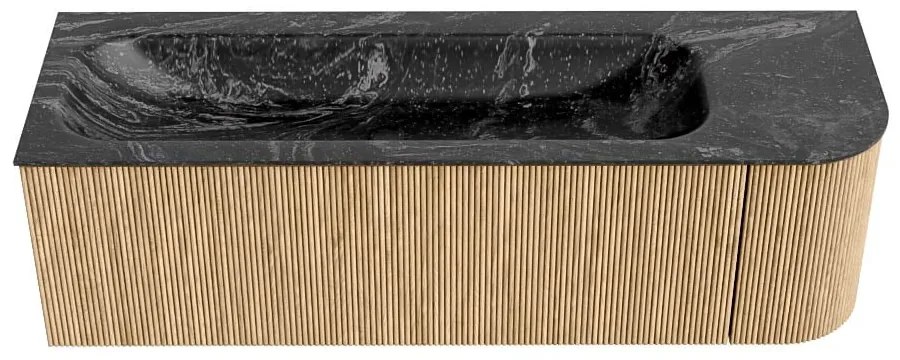 Mondiaz Kurve-dlux 145cm badmeubel ronding rechts oak met 1 lade en deur en wastafel big large links 2 kraangaten lava