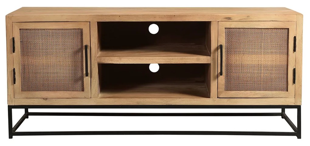 Tv-meubel Naturel Mangohout En Rotan - 129x40x55cm.