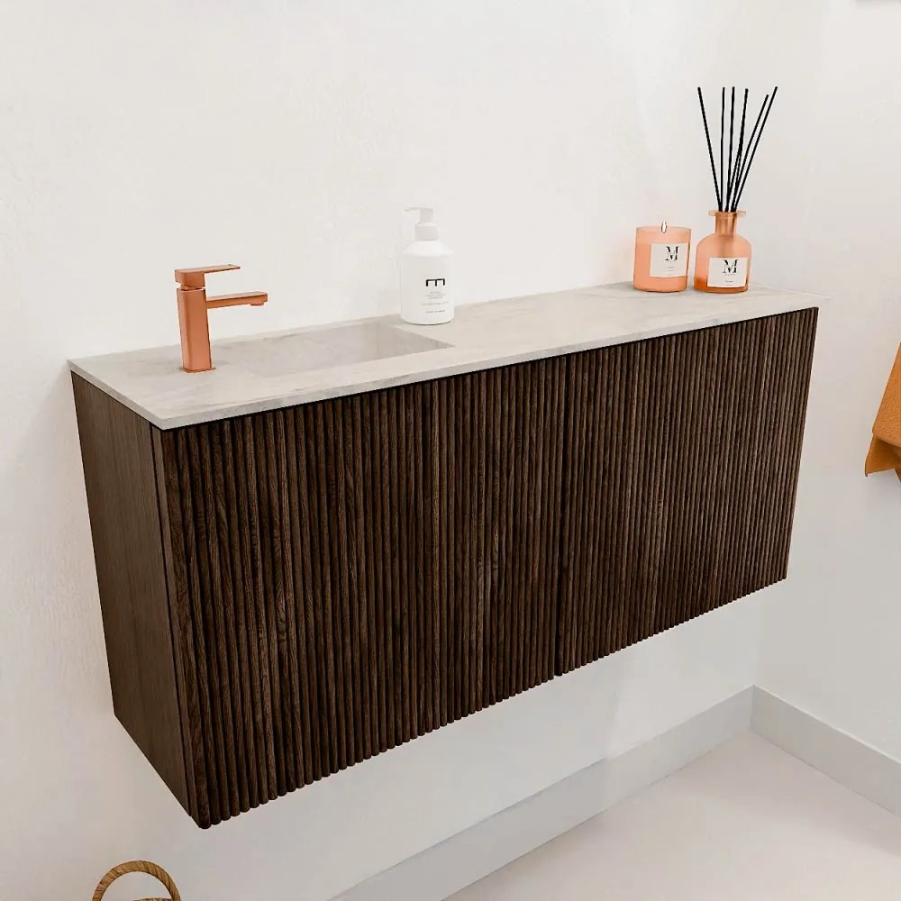 Mondiaz Joya DLux 90cm toiletmeubel walnut met wastafel faye links 1 kraangat ostra