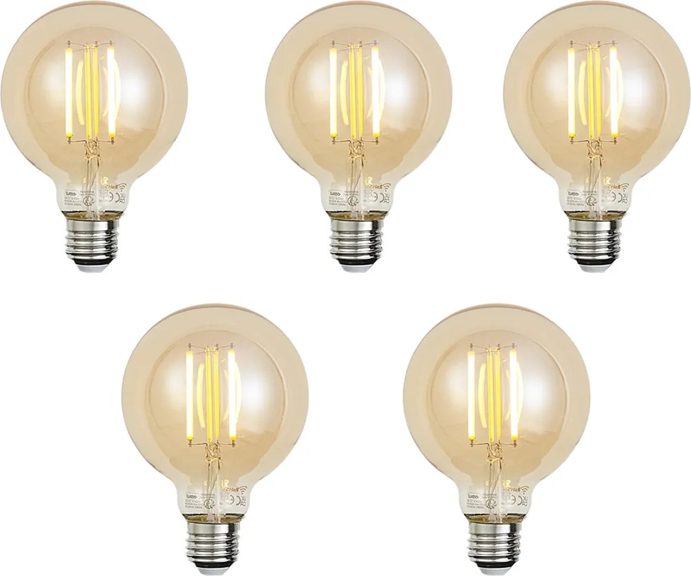 Set van 5 smart E27 dimbare LED lampen G95 goud 7W 806 lm 1800-6500K
