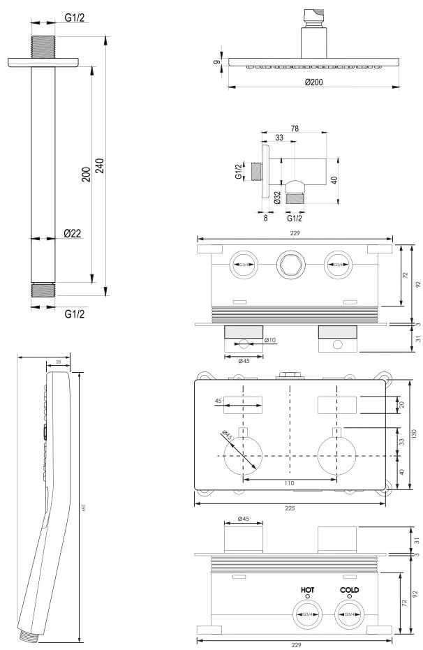 Brauer Chrome Edition thermostatische inbouw regendouche met 3 standen handdouche, plafondarm en hoofddouche 20cm set 59 chroom