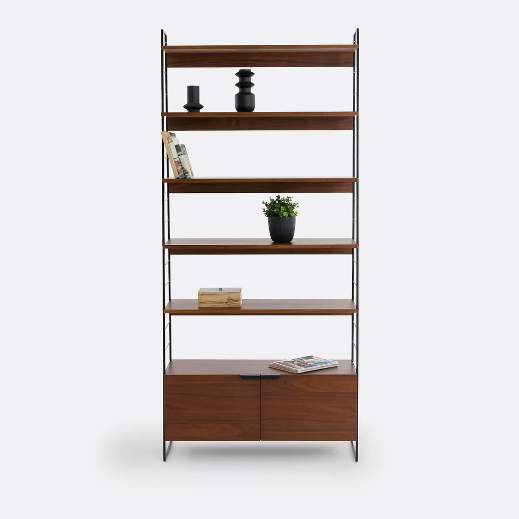 Boekenkast, staal en walnootfineer, 220 cm hoog, WATFORD
