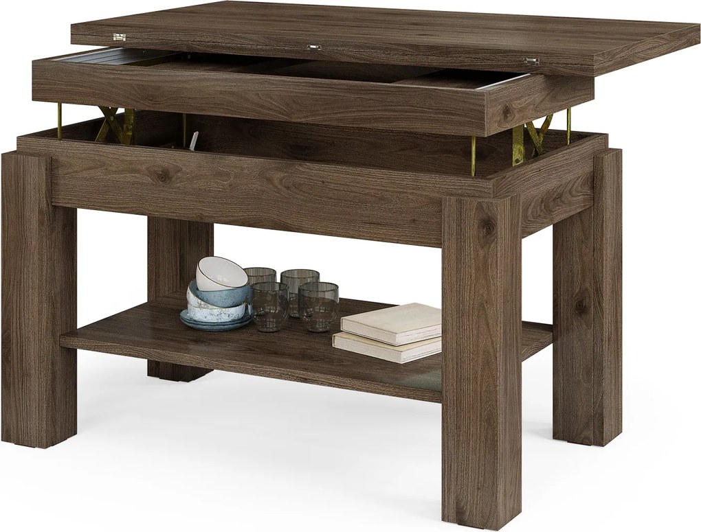 BRAVO elegant noten – uitschuifbare en in hoogte verstelbare salontafel, tafel met plank