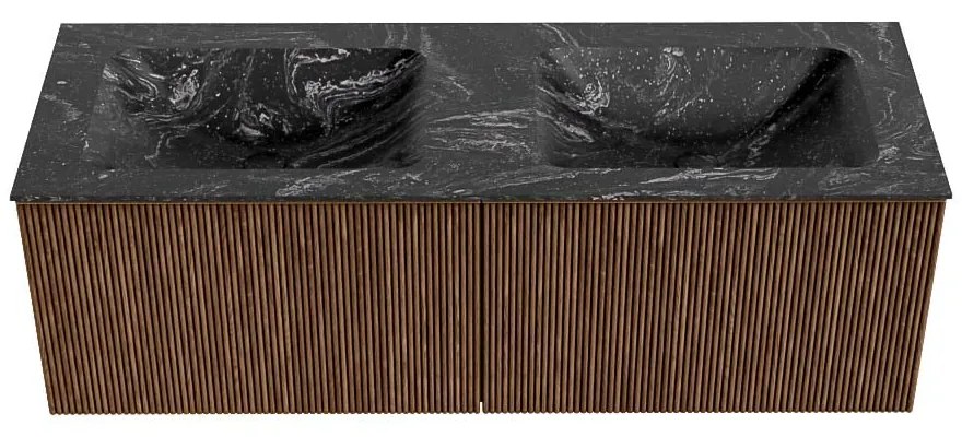 Mondiaz Kurve-dlux 130cm badmeubel walnut met 2 lades en wastafel leaf dubbel zonder kraangat lava