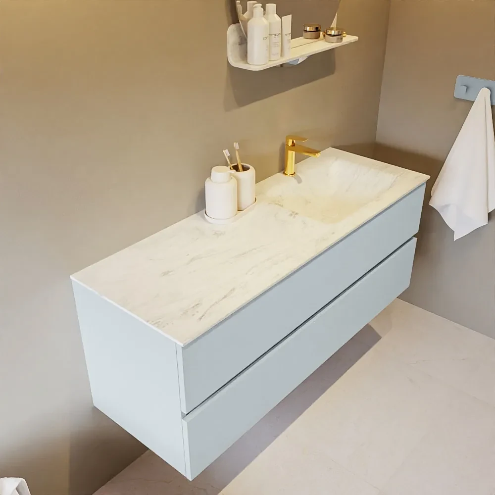 Mondiaz Vica DLux badmeubel 130cm clay 2 lades met wastafel opalo rechts 1 kraangat