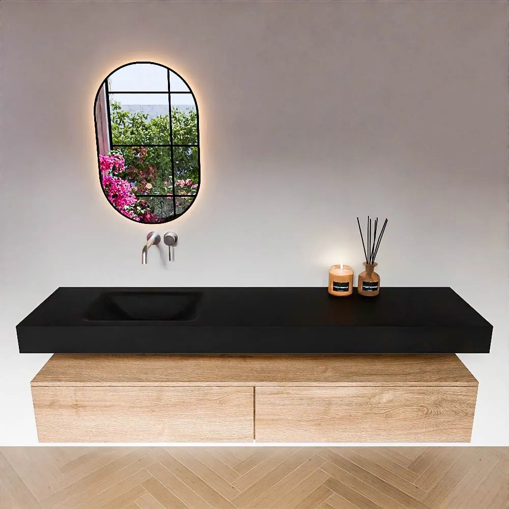 Zaro Alan badmeubel 190cm washed oak 2 lades met vrijhangende wastafel cloud links zonder kraangat urban