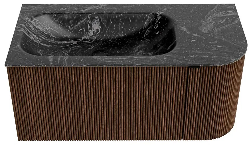 Mondiaz Kurve-dlux 95cm badmeubel ronding rechts walnut met 1 lade en deur en wastafel big small links zonder kraangat lava