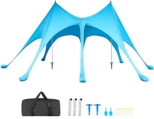 VEVOR strandtent met zonbescherming (UPF 50+) 6,1 x 4 x 2,8 m, strandtent met zandzakken, steunpalen en zandschepjes, draagbare zonnescherm voor gezinsuitjes, kamperen, vissen, blauw