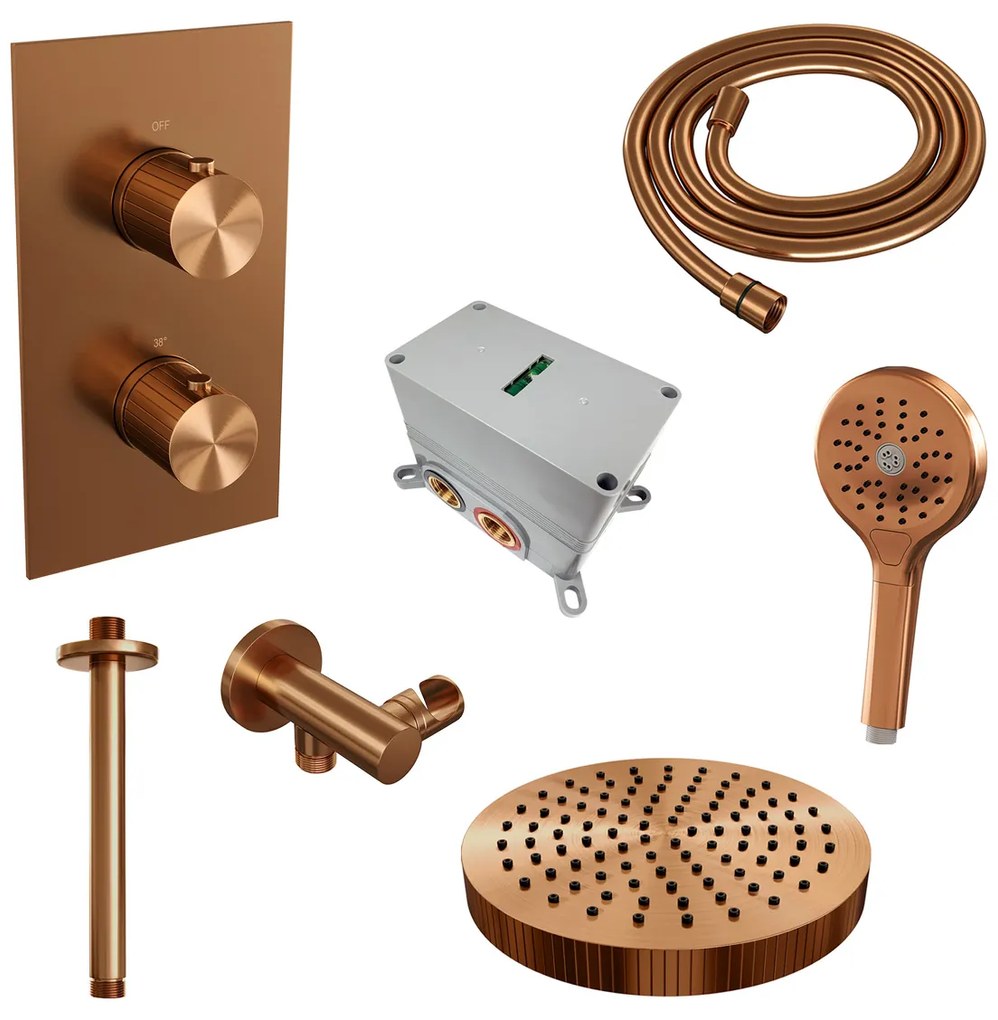 Brauer Stripe inbouw regendouche met 25cm hoofddouche, plafondarm en 3 standen handdouche set 18 koper geborsteld PVD