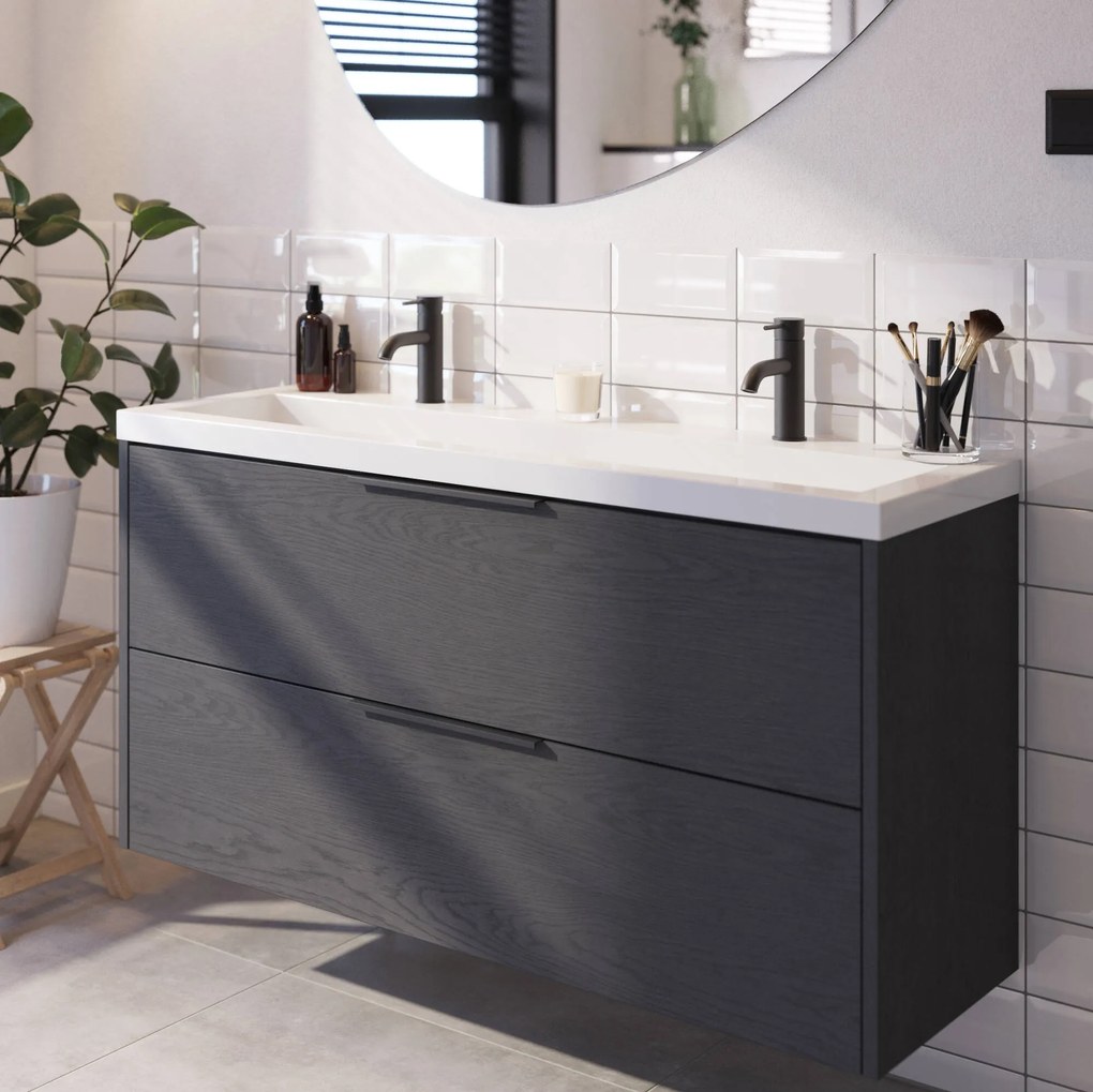 Saqu Lima voorgemonteerd ondiep badmeubel met mat zwarte greep incl. wastafel 120,5x40cm gebrand zwart